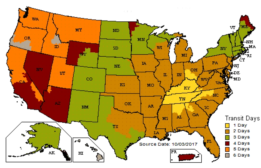 Map of estimated UPS Ground transit days from Knoxville, Tennessee across the United States